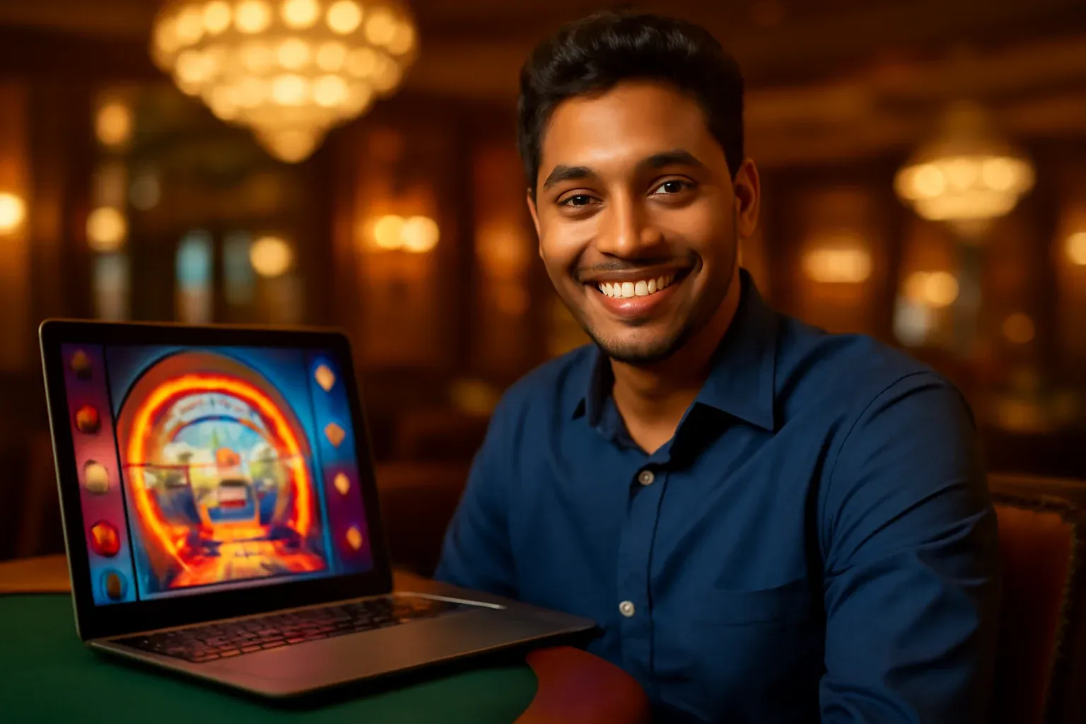 Cheerful Bangladeshi man with open laptop at premium casino lounge